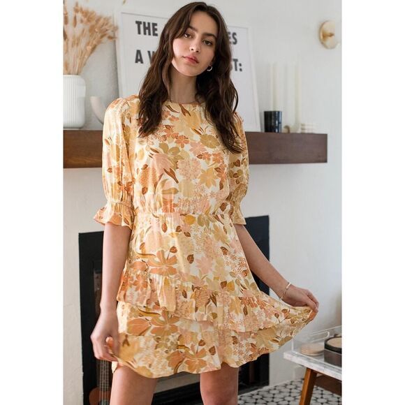 Lost + Wander Sorrento Yellow Multi Floral Print Tiered Mini Dress,‎ size L - Picture 2 of 16